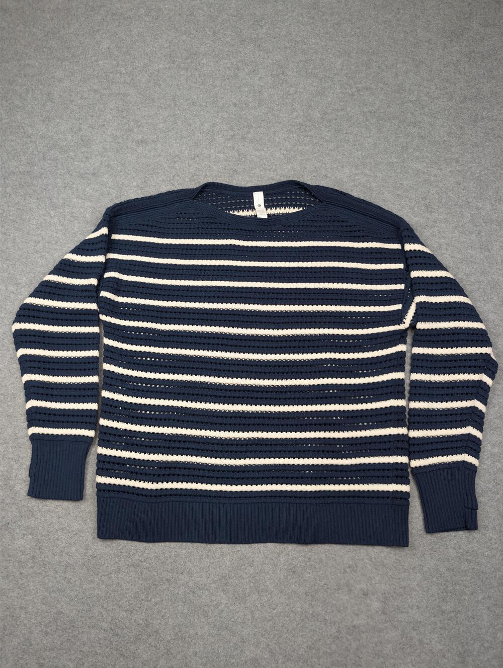 Lululemon Sweater Womens Large Blue Striped Open Knit Crewneck Pullover Top